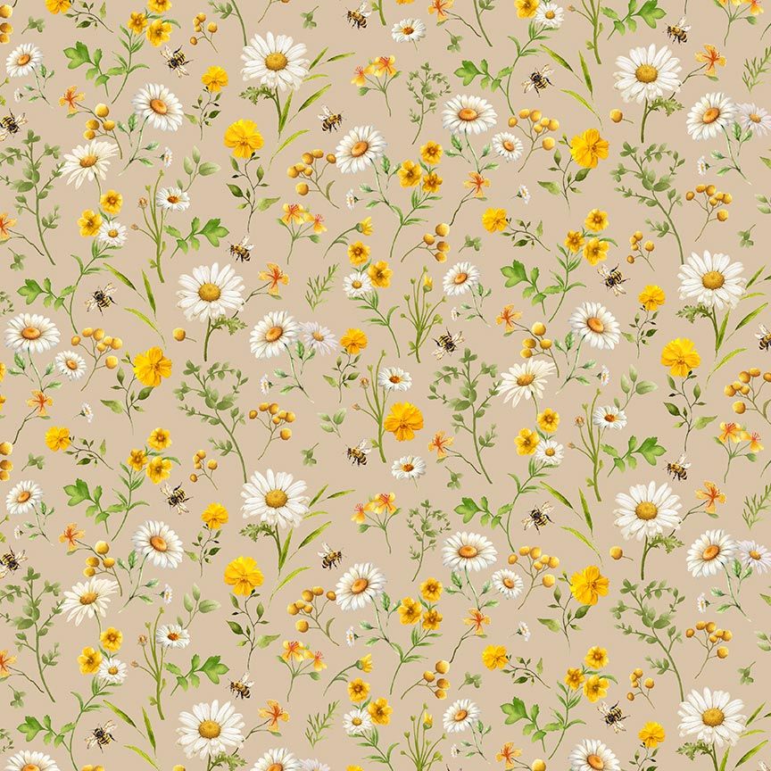 Timeless Treasures You Are My Sunshine cotton fabric featuring tossed white daisies, yellow wildflowers, bees, and botanical sprigs on a tan background.