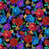 Large Bright Floral & Birds fabric by Chong-A Hwang for Timeless Treasures featuring colorful hummingbirds and oversized vibrant flowers on a dramatic black background with digitally printed detail.