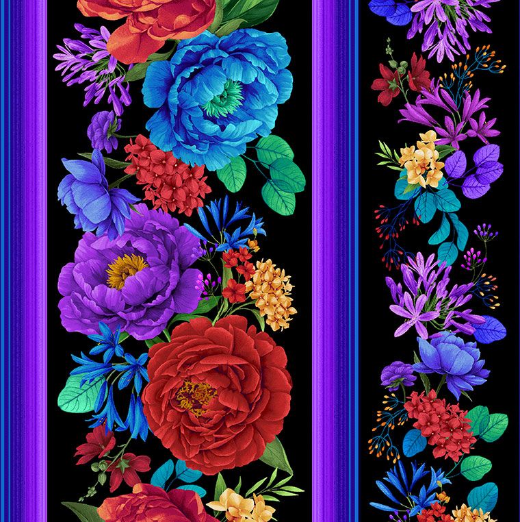 Bright Floral Stripe fabric by Chong-A Hwang for Timeless Treasures featuring colorful floral bouquets in vertical stripe panels with purple accents on a black background, digitally printed on premium quilting cotton.