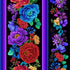 Bright Floral Stripe fabric by Chong-A Hwang for Timeless Treasures featuring colorful floral bouquets in vertical stripe panels with purple accents on a black background, digitally printed on premium quilting cotton.