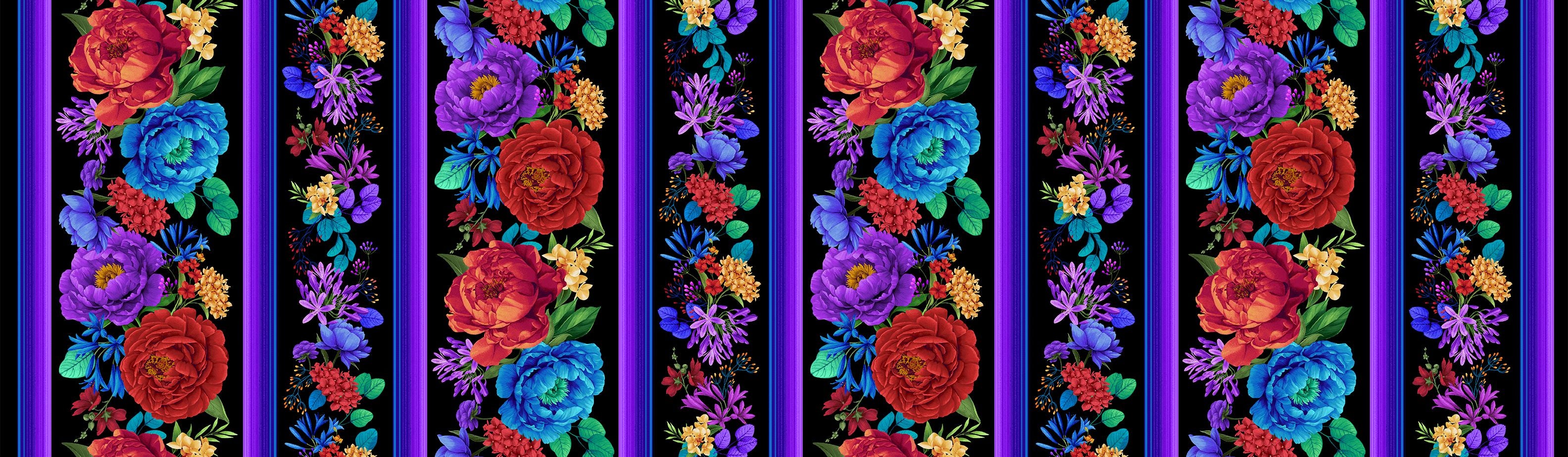 Bright Floral Stripe fabric by Chong-A Hwang for Timeless Treasures featuring colorful floral bouquets in vertical stripe panels with purple accents on a black background, digitally printed on premium quilting cotton.