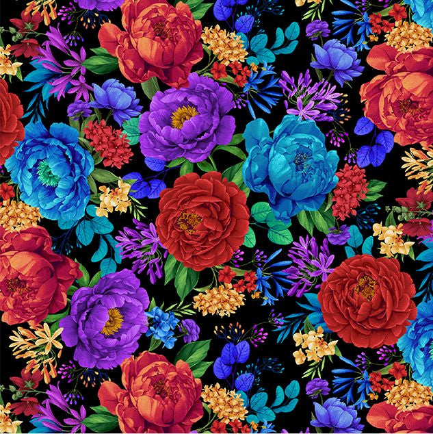 Bright Floral fabric by Chong-A Hwang for Timeless Treasures featuring vibrant red, turquoise, blue, purple, and gold flowers on a dramatic black background with lush botanical details.