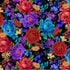 Bright Floral fabric by Chong-A Hwang for Timeless Treasures featuring vibrant red, turquoise, blue, purple, and gold flowers on a dramatic black background with lush botanical details.