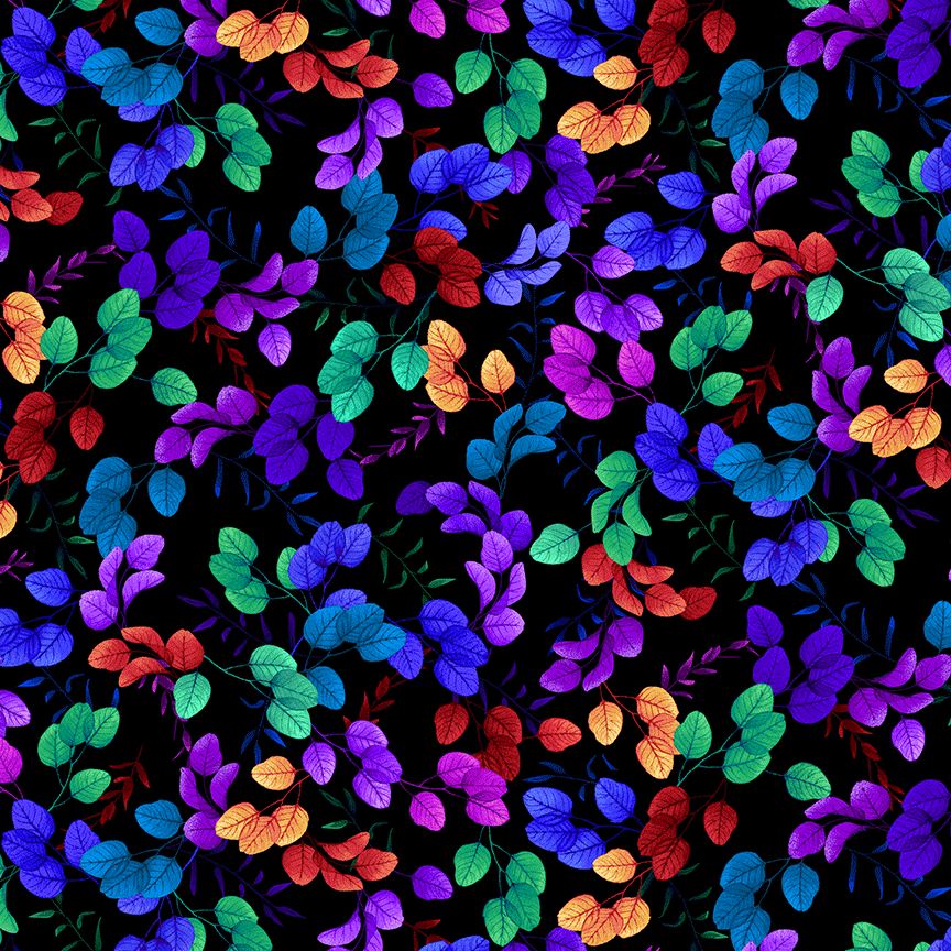Tossed Bright Leaves fabric by Chong-A Hwang for Timeless Treasures featuring colorful purple, blue, teal, green, red, and gold leaves scattered across a dramatic black background.