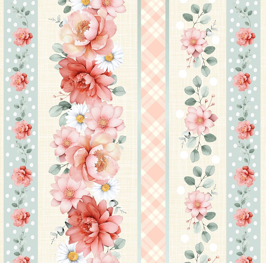 Til The Cows Come Home Floral 11 inch Stripe fabric by Timeless Treasures featuring blush pink flowers, sage green leaves, plaid accents, and floral stripe columns on a cream background.