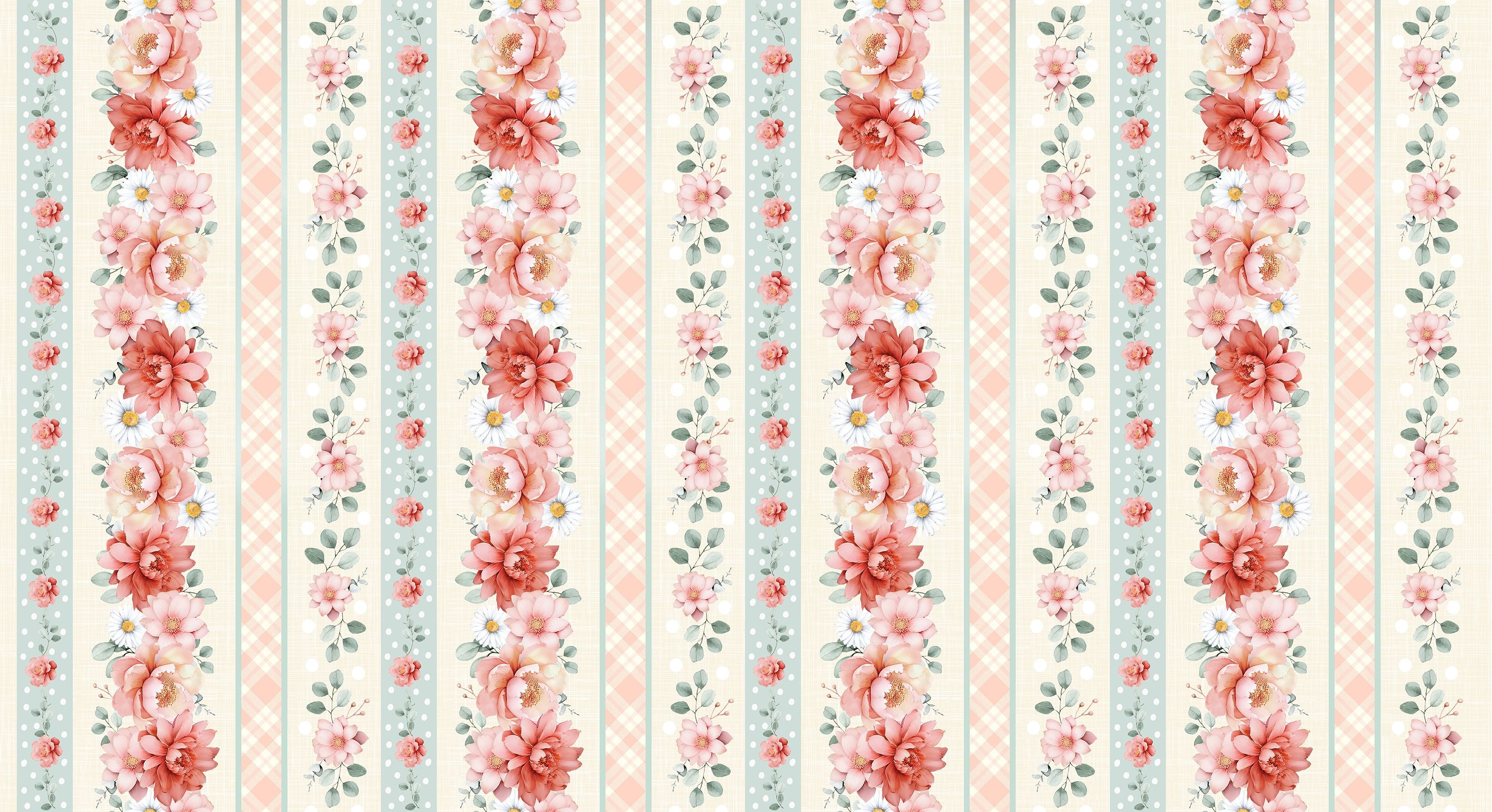 Til The Cows Come Home Floral 11 inch Stripe fabric by Timeless Treasures featuring blush pink flowers, sage green leaves, plaid accents, and floral stripe columns on a cream background.