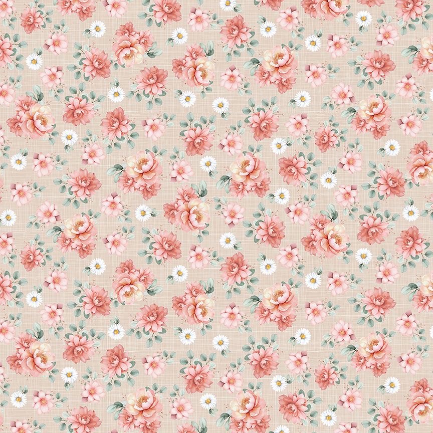 Til The Cows Come Home Floral Bouquet fabric by Timeless Treasures featuring blush pink floral bouquets, white daisies, and sage-green leaves on a warm straw-colored background with a soft vintage look.