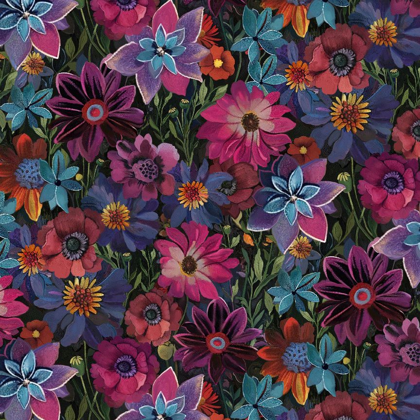 Calico Cat Forest Floral fabric featuring vibrant purple, pink, blue, teal, and burgundy flowers on a rich black background