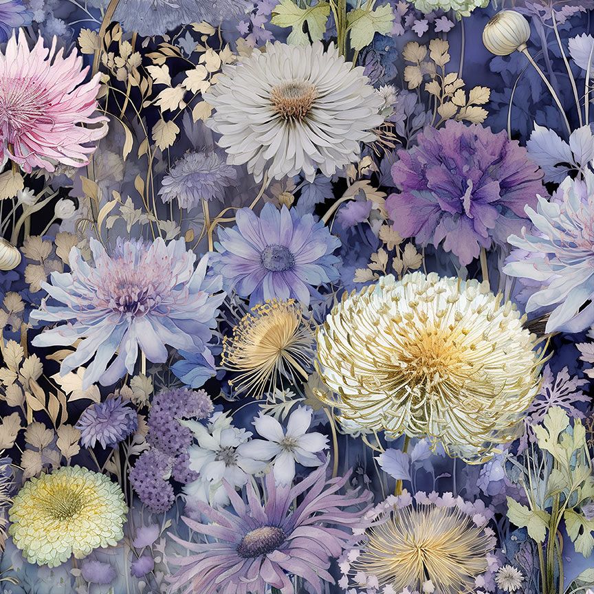 Mystic Meadow digital cotton fabric featuring elegant blooming wildflowers in lavender, ivory, blush, and cream on a midnight blue botanical background by Timeless Treasures.