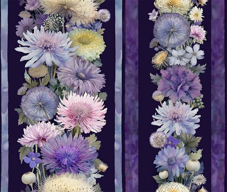 Mystic Meadow digital cotton fabric featuring approximately 11-inch floral stripe panels with lavender, blush, ivory, and purple wildflowers separated by rich purple stripes.