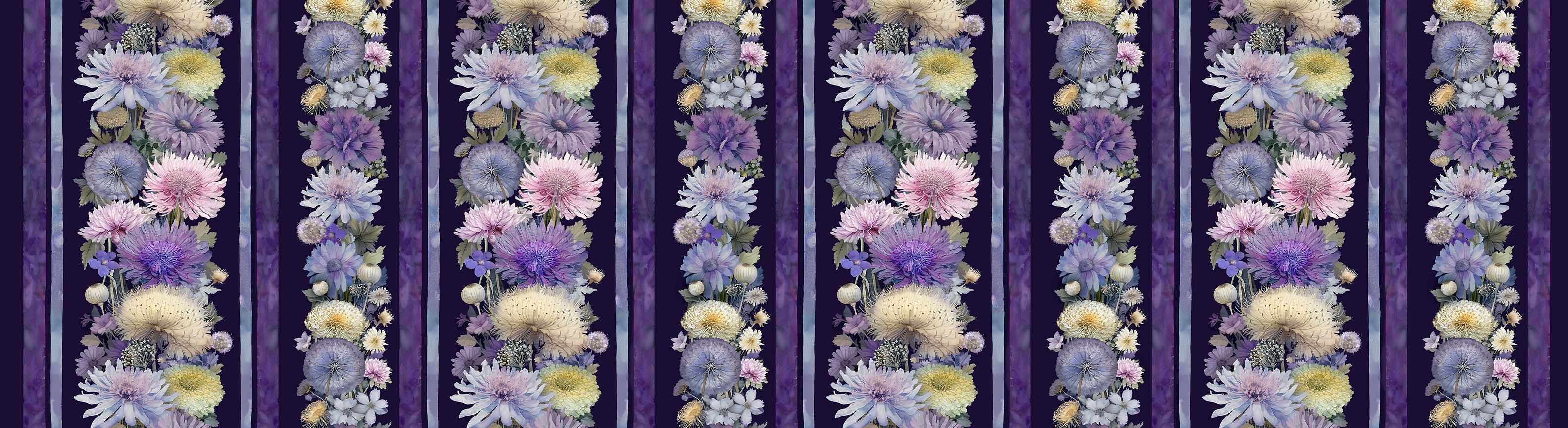 Mystic Meadow digital cotton fabric featuring approximately 11-inch floral stripe panels with lavender, blush, ivory, and purple wildflowers separated by rich purple stripes.