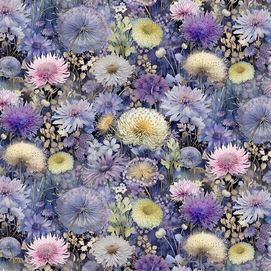 Mystic Meadow digital cotton fabric featuring densely packed wildflowers in lavender, violet, blush pink, cream, and pale yellow on a twilight blue botanical background by Timeless Treasures.