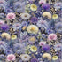 Mystic Meadow digital cotton fabric featuring densely packed wildflowers in lavender, violet, blush pink, cream, and pale yellow on a twilight blue botanical background by Timeless Treasures.