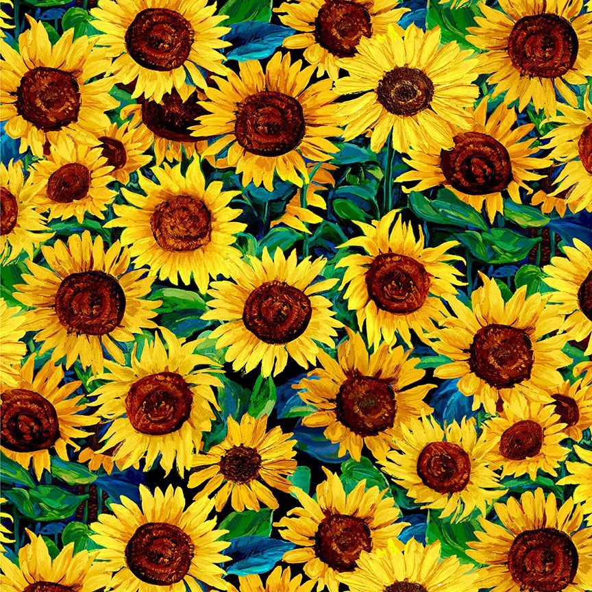 Painted Sunflower fabric from the Sunflower Symphony collection by Timeless Treasures featuring vibrant yellow sunflowers with rich brown centers and green foliage in an artistic painterly style on premium quilting cotton.