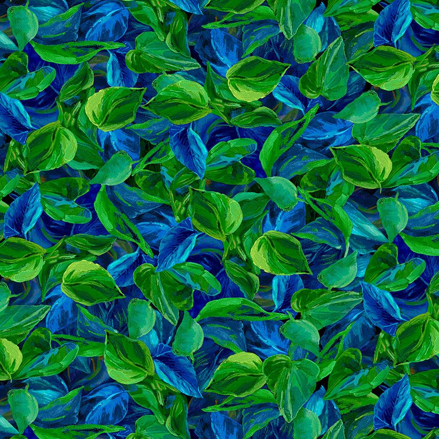 Blue and green painterly leaf fabric with layered botanical foliage by Timeless Treasures