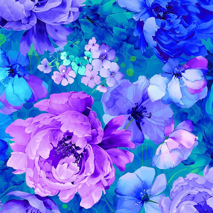 Blue and purple packed floral cotton fabric with painterly design