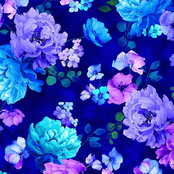 Navy blue tossed floral cotton fabric with blue and purple bouquets