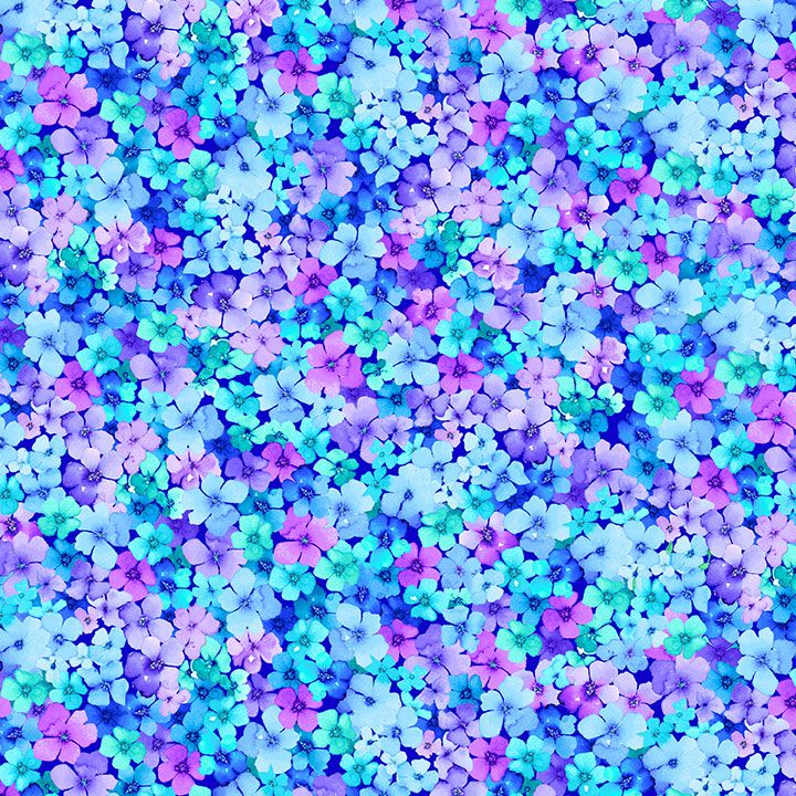 Small packed floral cotton fabric in blue, teal, and purple tones