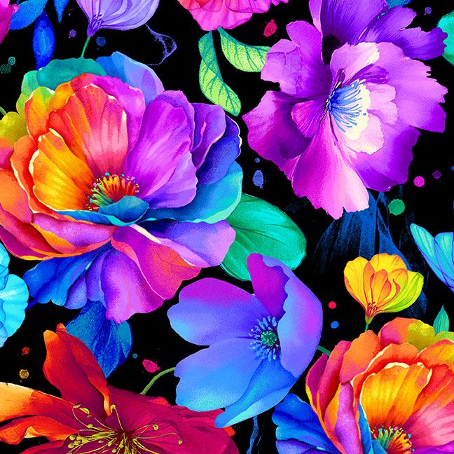Large rainbow floral fabric on a black background featuring bold multicolor blossoms by Chong-A Hwang for Timeless Treasures.