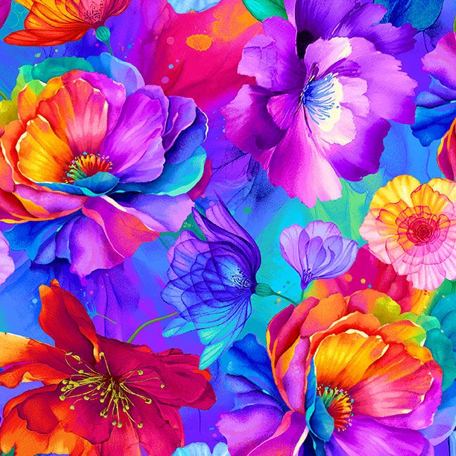 Bright multicolor floral fabric with oversized rainbow blossoms by Chong-A Hwang for Timeless Treasures