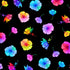 Rainbow tossed flowers on black background printed on 100% cotton fabric.