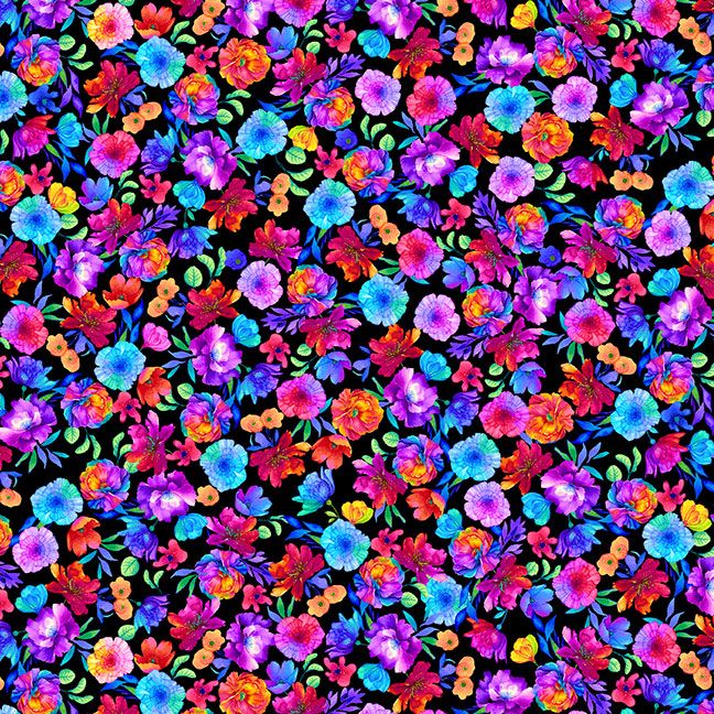 Bright multicolor floral fabric with small rainbow flowers on a black background by Chong-A Hwang for Timeless Treasures