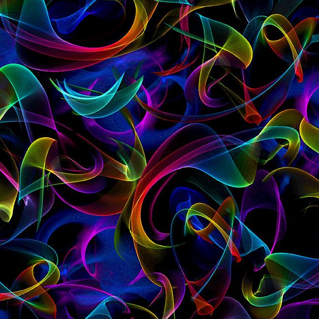 Neon smoke abstract fabric with swirling rainbow ribbons on a black background.