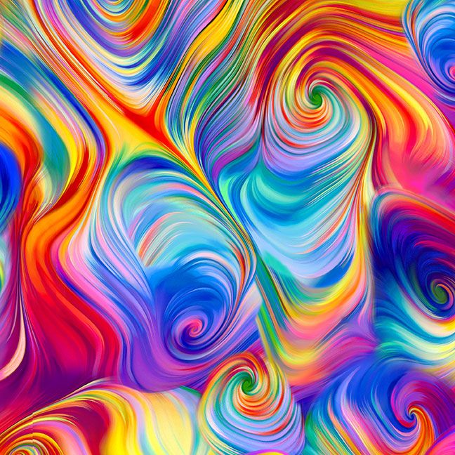 Bright rainbow abstract swirl cotton fabric with flowing, colorful paint-like movement.