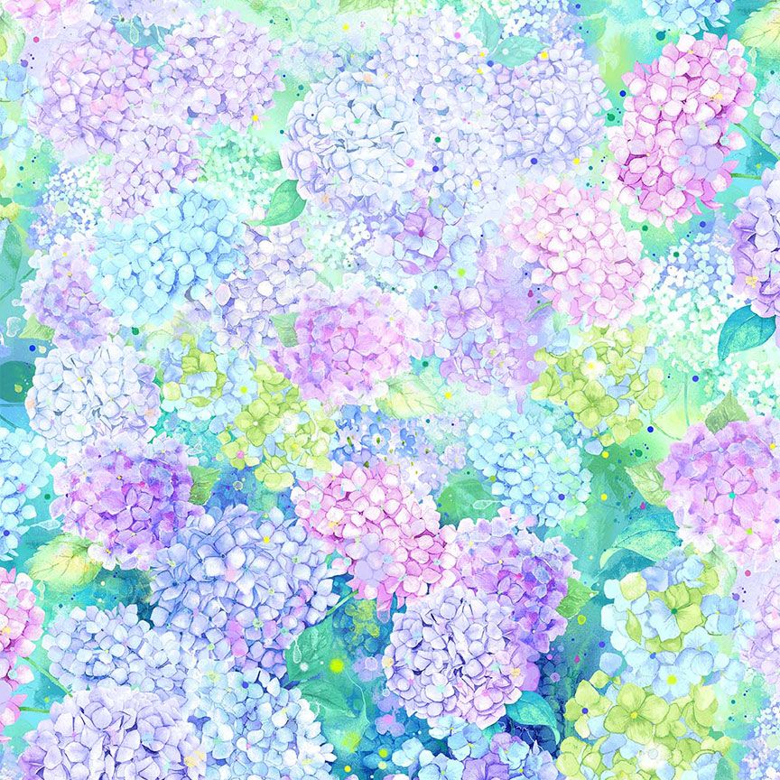 Hydrangea Dream Hydrangea Floral cotton fabric by Timeless Treasures featuring watercolor hydrangea blossoms in pastel lavender, blue, pink, and green.