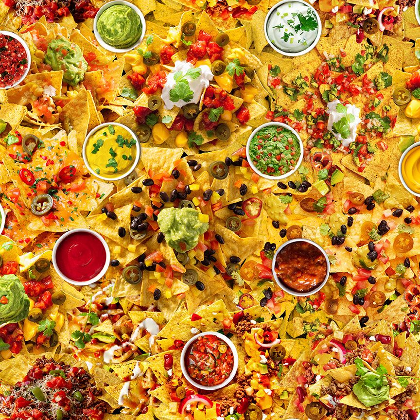 Loaded Nachos Supreme cotton fabric featuring colorful nachos with cheese salsa guacamole and jalapeños by Timeless Treasures Fabrics.