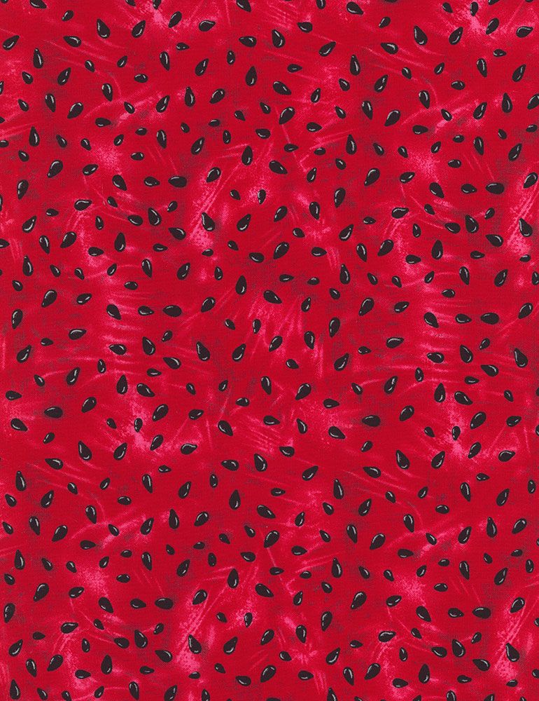 Fresh Fruit - Watermelon Pits fabric by Timeless Treasures featuring red watermelon texture with black seeds.