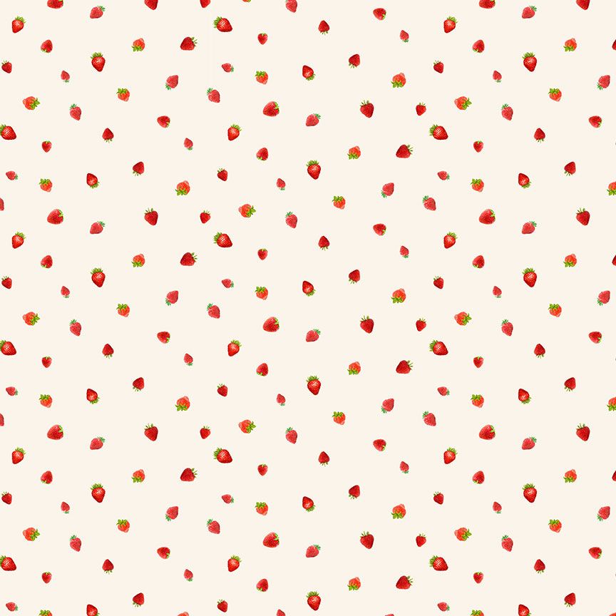 Tiny realistic strawberries scattered on cream cotton fabric by Timeless Treasures