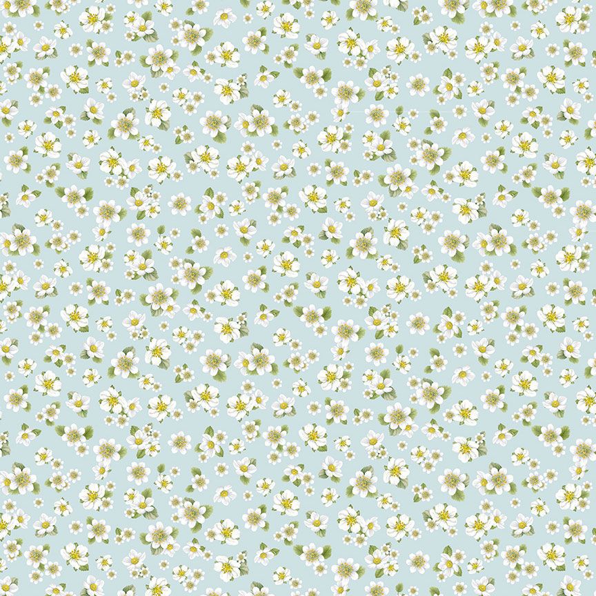Strawberry blossom floral cotton fabric on sky blue background