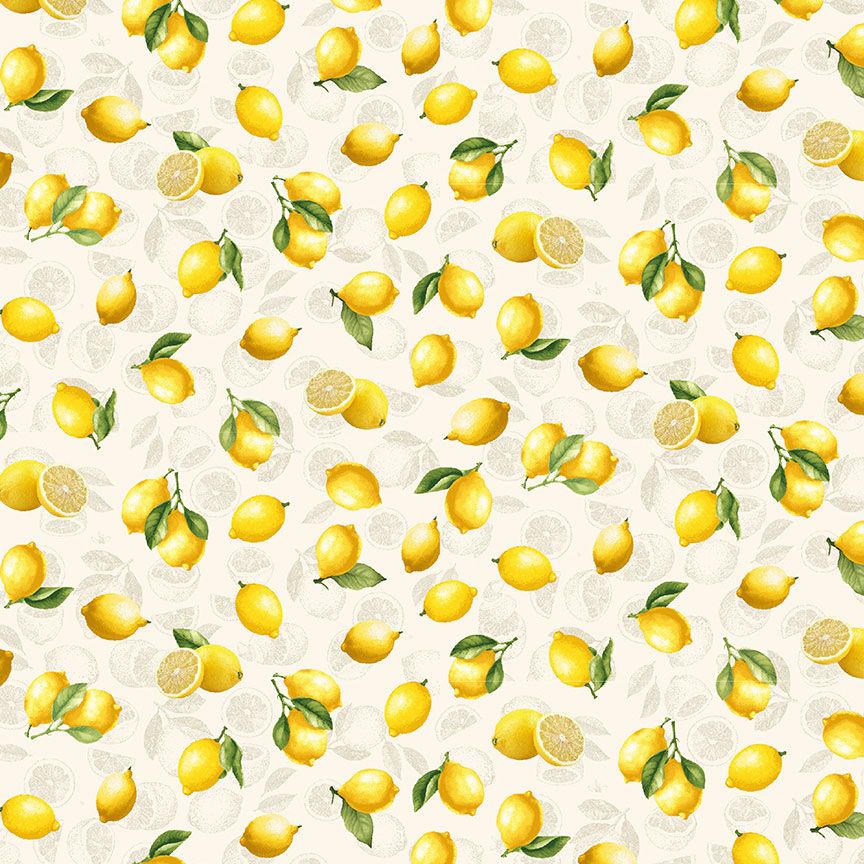 Cream cotton fabric with tossed yellow lemons and green leaves by Timeless Treasures.
