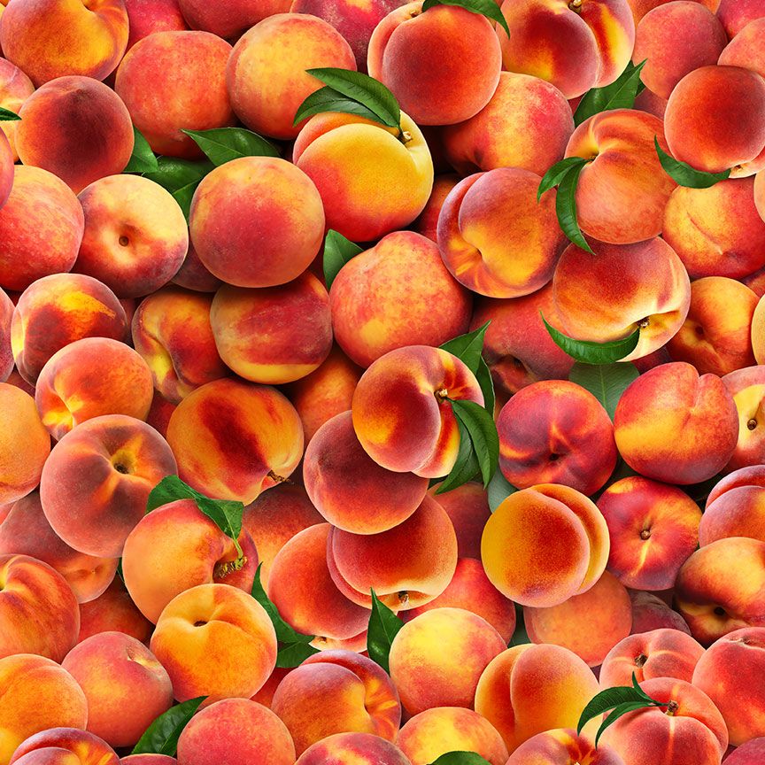 Fresh Fruit Packed Peaches fabric by Timeless Treasures featuring realistic ripe peaches and green leaves in a vibrant digital print on premium quilting cotton fabric.