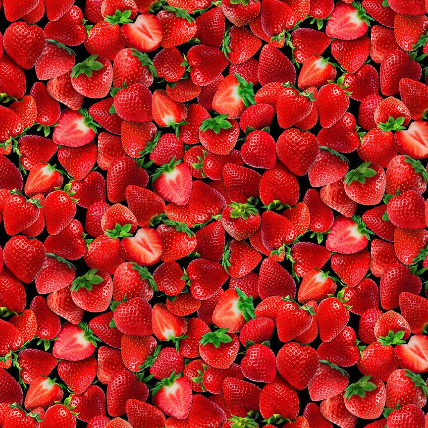 Fresh Fruit Packed Strawberries fabric by Timeless Treasures featuring realistic ripe red strawberries with green leaves on a black background in a vibrant digital print cotton fabric.