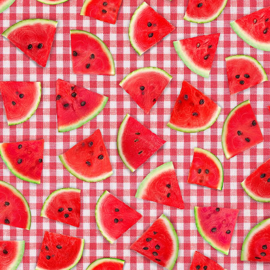 Fresh Fruit Watermelon Slice on Plaid fabric by Timeless Treasures featuring realistic watermelon slices on a red and white gingham background in a vibrant digital print cotton fabric.