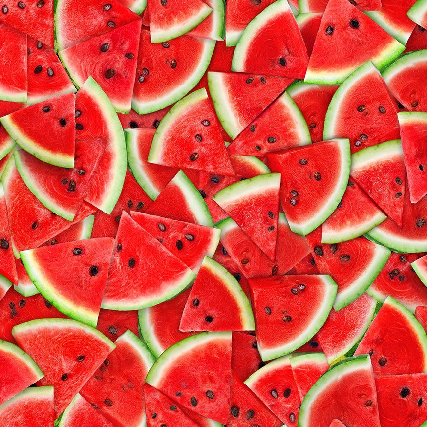 Fresh Fruit Packed Watermelon Slices fabric by Timeless Treasures featuring realistic red watermelon slices with black seeds and green rinds in a vibrant digital print on premium cotton fabric.