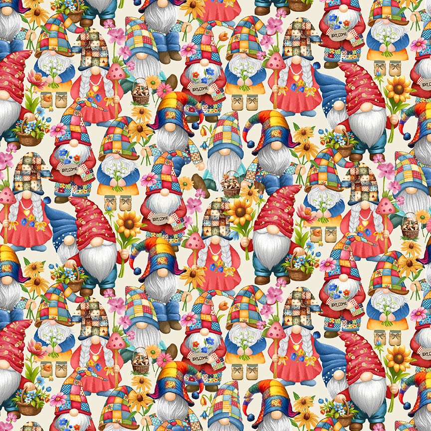 Packed Hippie Gnomes fabric by Timeless Treasures featuring rows of colorful gnomes in patchwork hats with flowers, mushrooms, and welcome signs.