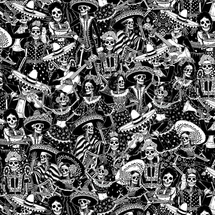 Digital cotton fabric Day of the Dead Toile by Timeless Treasures featuring black-and-white skeletons dancing, playing instruments, and celebrating in festive toile design.