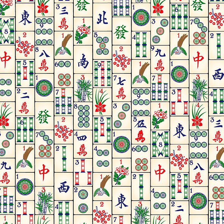 Digital cotton fabric Mahjong Tiles by Timeless Treasures featuring colorful mahjong tiles with Chinese characters, symbols, and floral accents on a cream background.