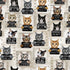 Beige cotton fabric with humorous cat mugshot illustrations