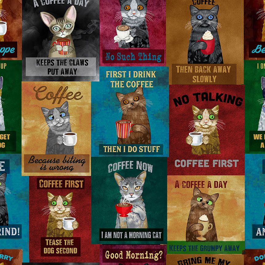 Funny coffee-loving cats with novelty sayings patchwork style cotton fabric by Gail Cadden for Timeless Treasures