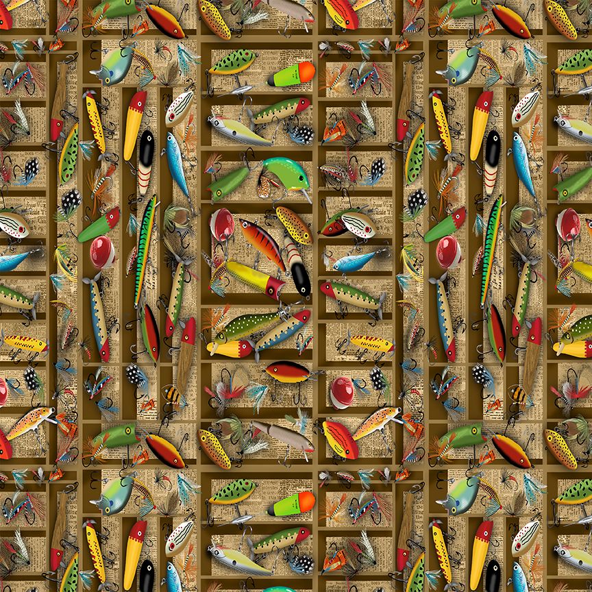 Woodland Retreat Tackle Box Lures fabric by Gail Cadden for Timeless Treasures featuring colorful fishing lures, flies, bobbers, hooks, and tackle box compartments in a realistic digital print cotton fabric.