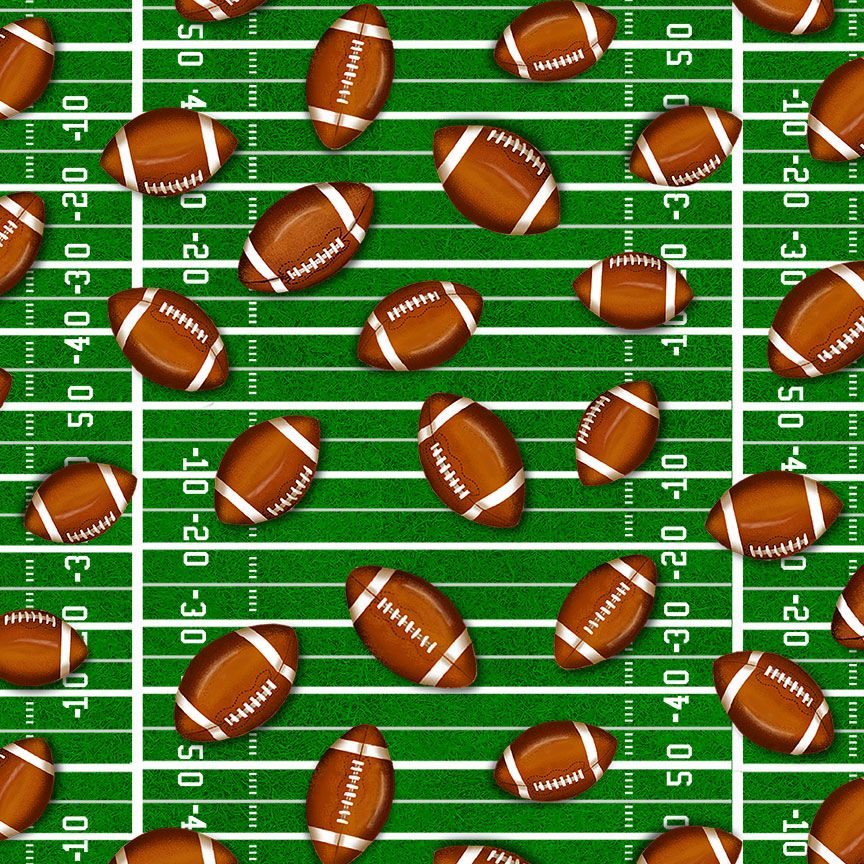 Fitness Fanatic Football Balls on Ground fabric by Timeless Treasures – 100% cotton sports fabric with footballs on grass background.
