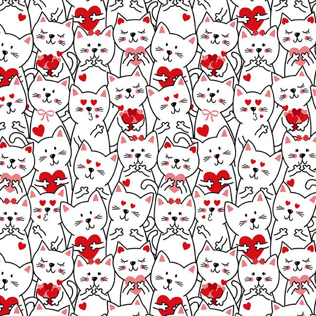 Packed white kittens with red hearts and cute expressions printed on quilting cotton.