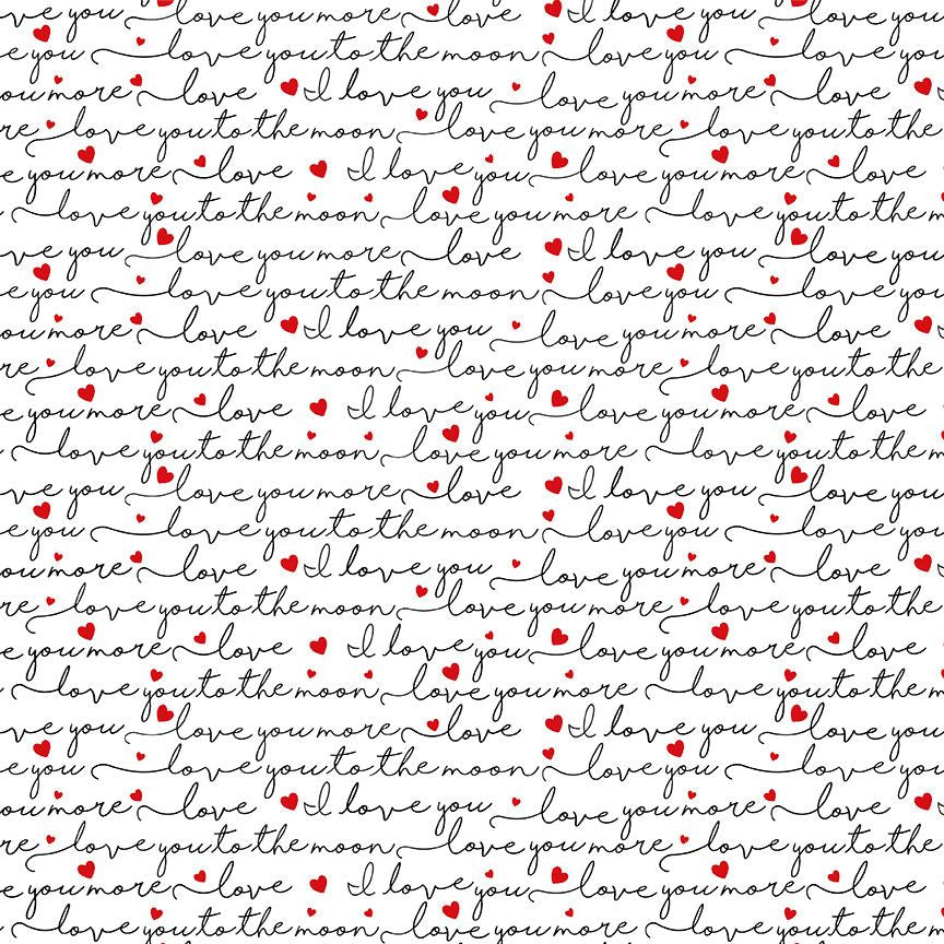 White fabric with black handwritten love quotes and red hearts, quilting cotton.