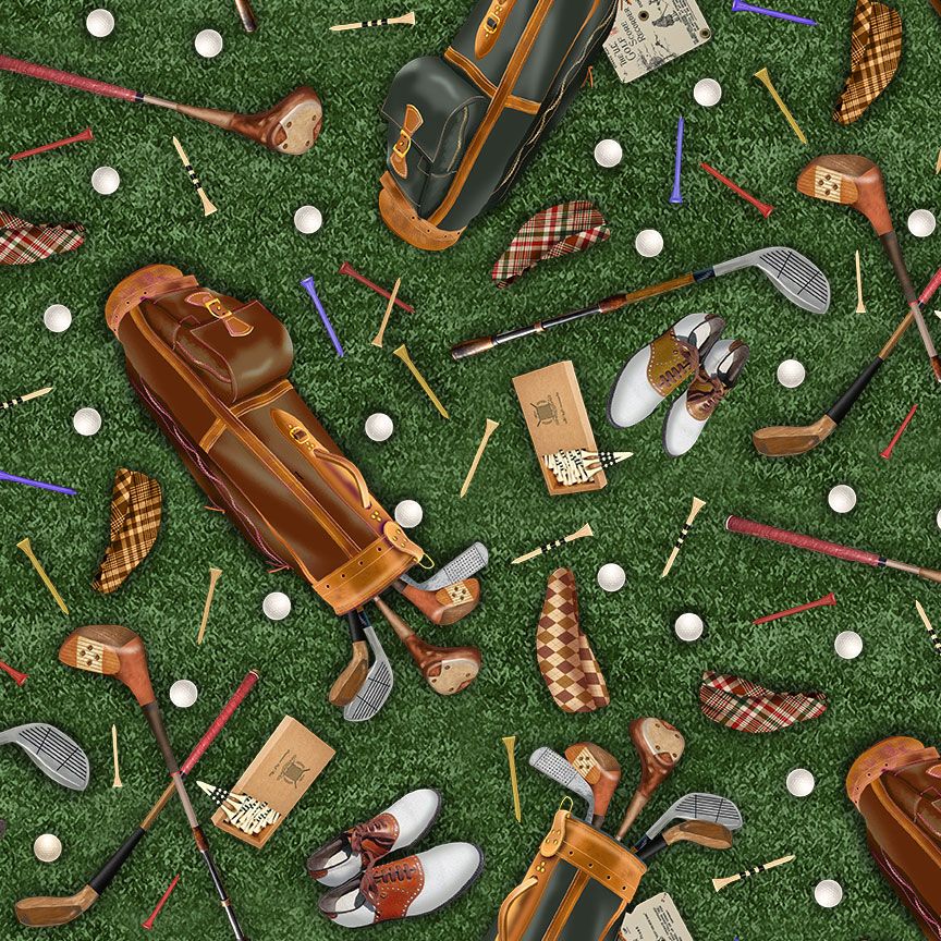 Digital cotton fabric Par For The Course - Golfing Equipment by Timeless Treasures featuring golf bags, wooden clubs, tees, shoes, and golf balls on green grass background.