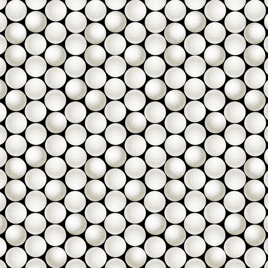 Digital cotton fabric Par For The Course - Golf Balls by Timeless Treasures featuring packed white golf balls on a black background.
