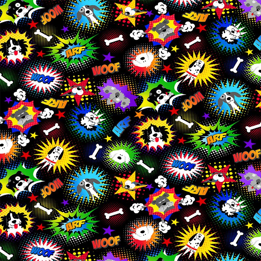 Comic-style dog fabric with colorful cartoon puppies, stars, bones, and woof words on black background